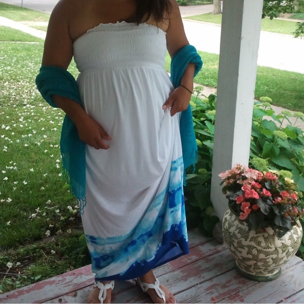 White and Blue Strapless Maxi Dress